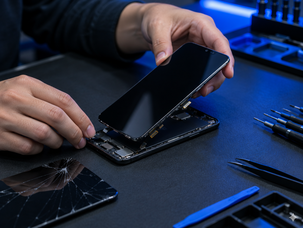 Técnico trocando a tela quebrada de um smartphone