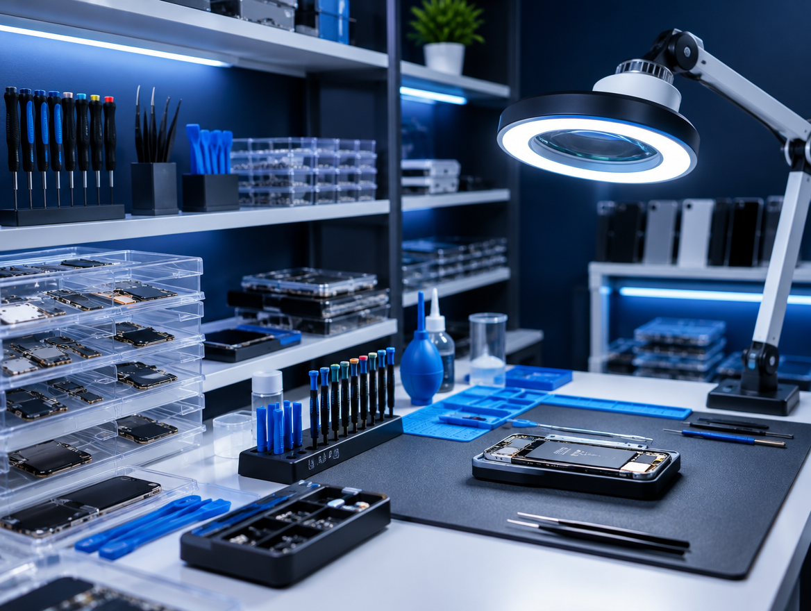 Bancada organizada de uma assistência técnica de celulares