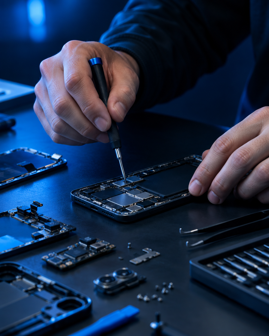 Técnico consertando um celular em uma bancada escura com luz azul