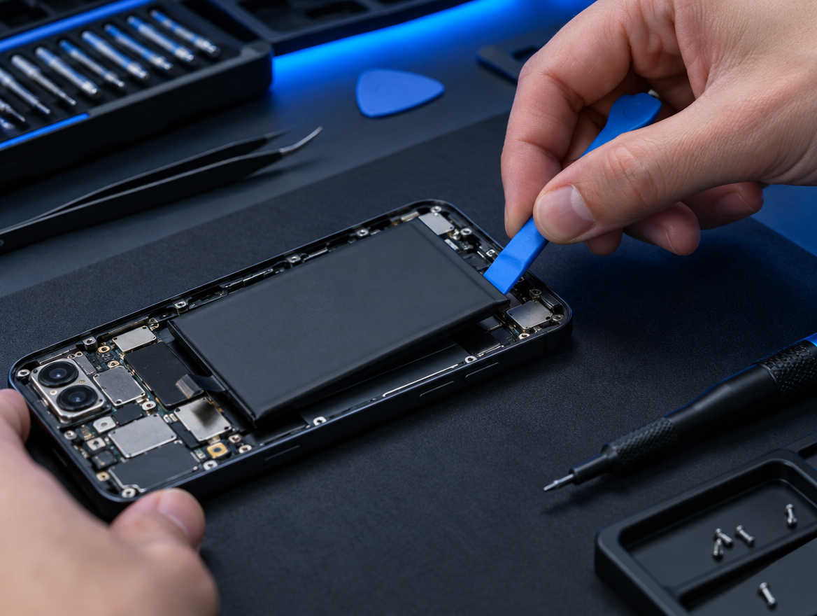 Técnico trocando a bateria de um smartphone