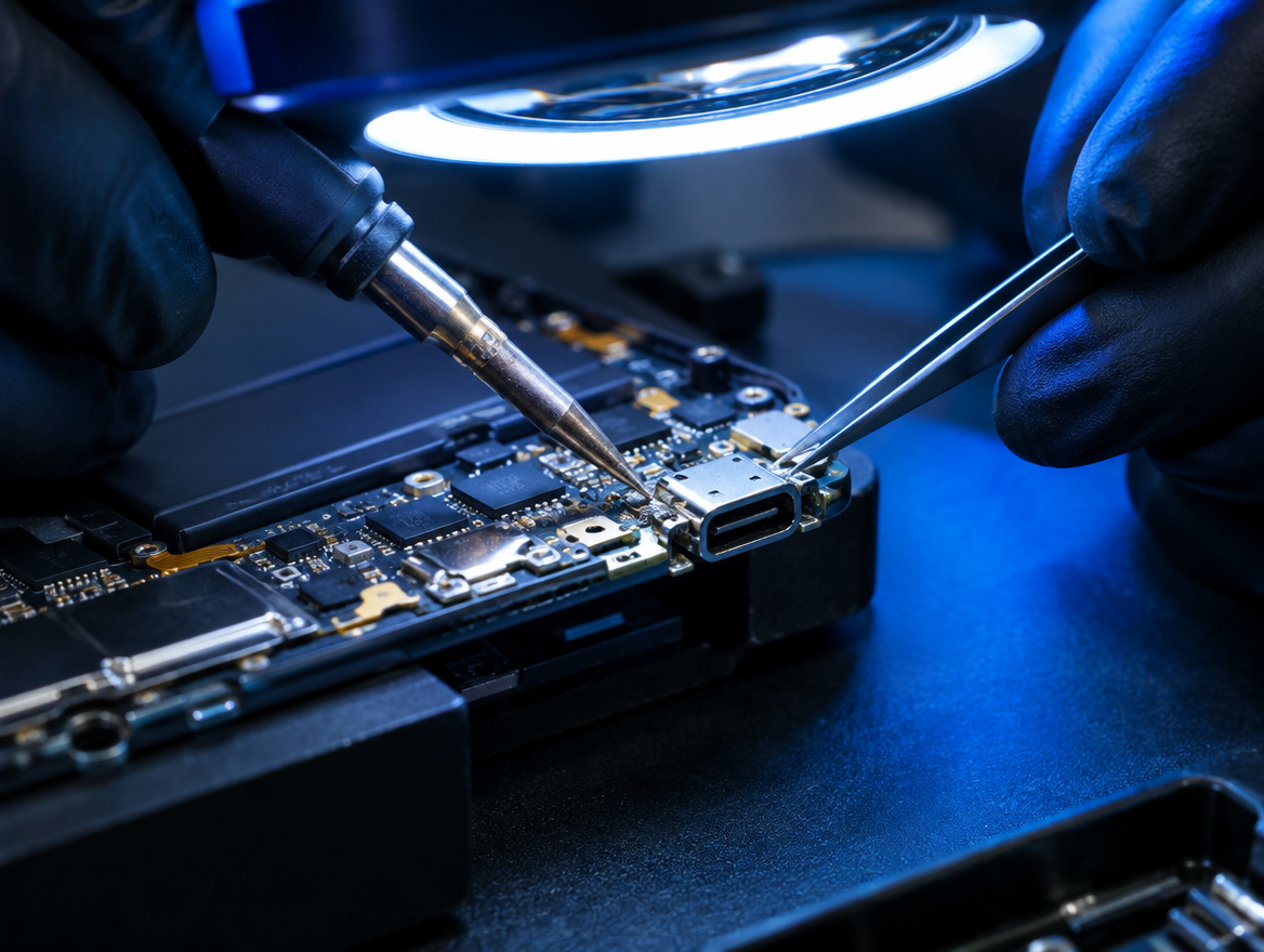 Técnico consertando o conector de carga de um celular